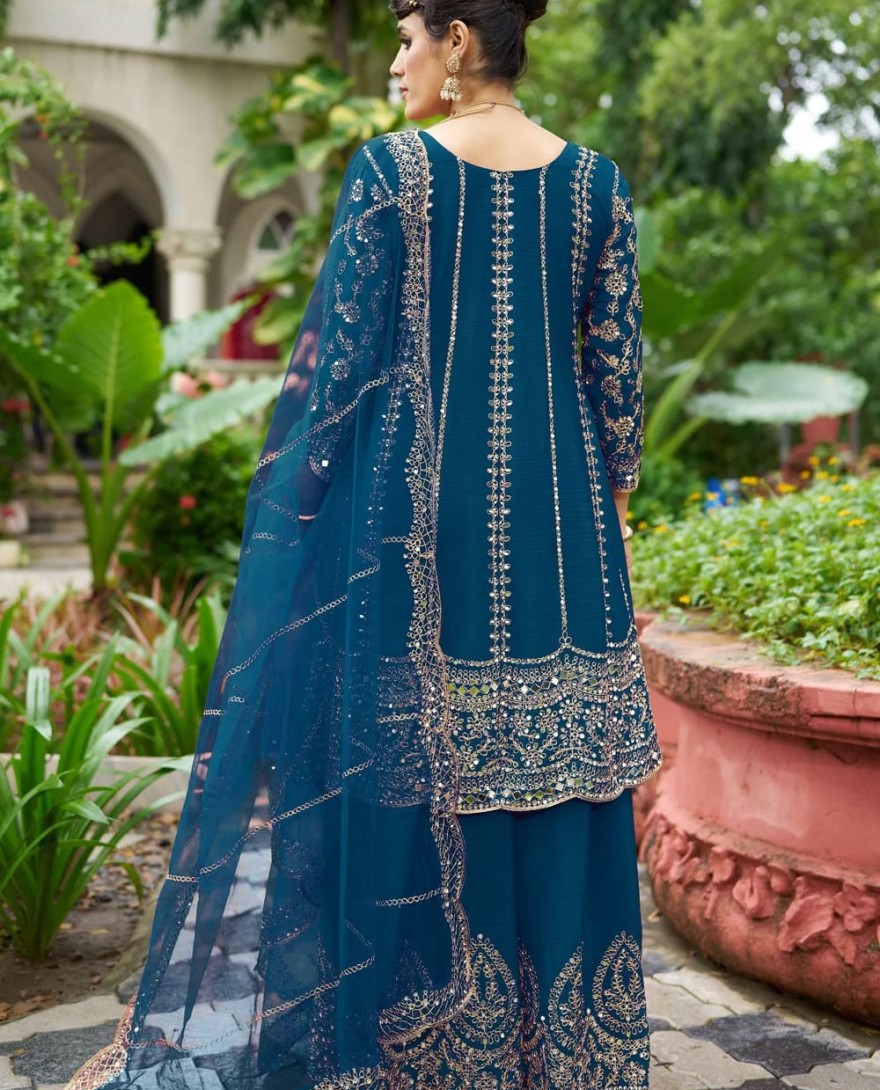 BLUE - Embroidered and Mirror Work Chinon Salwar Suit In Teal for Ceremonial